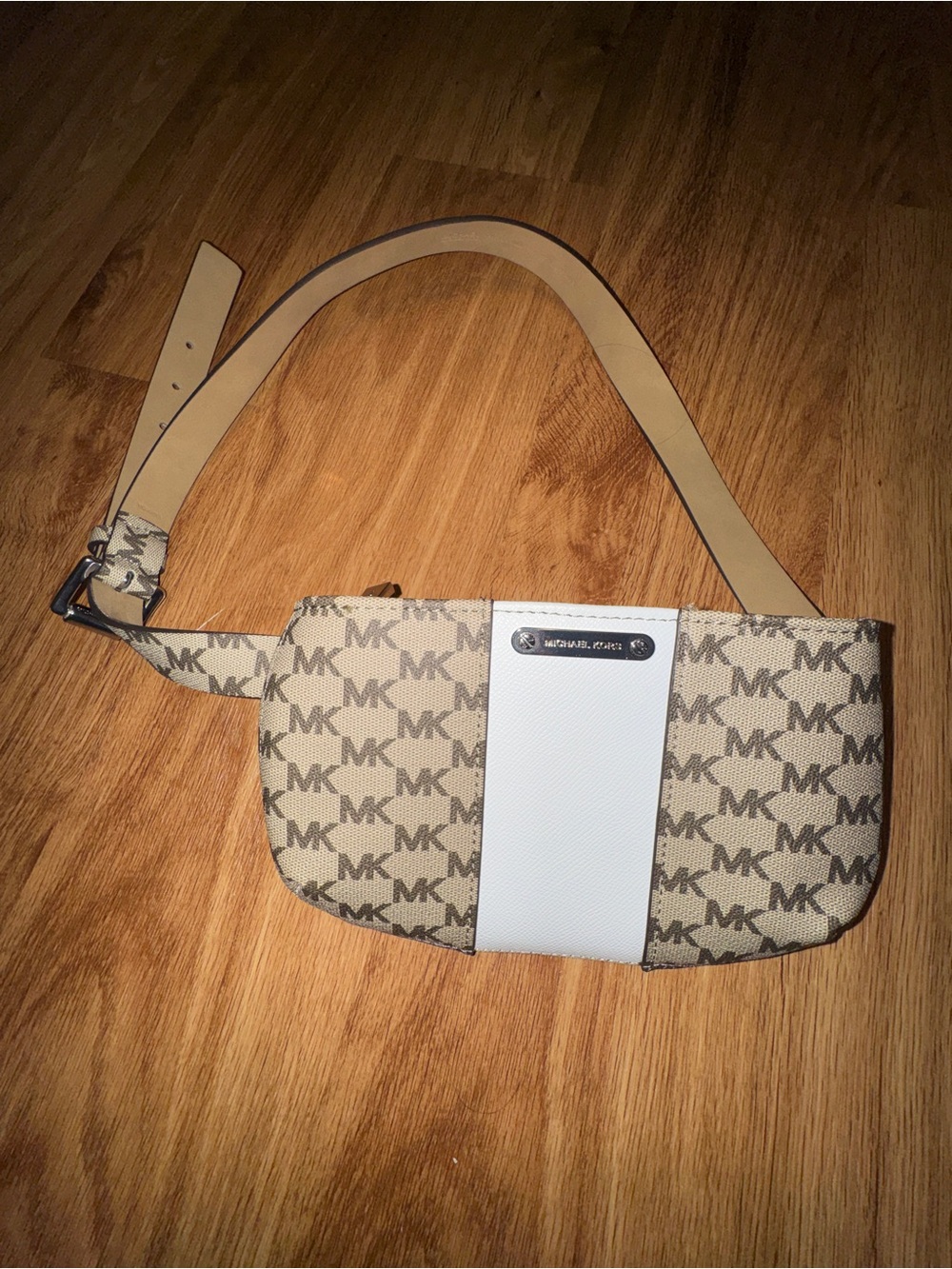 Michael Kors Beige MK Logo Mini Shoulder Bag with White Center Panel